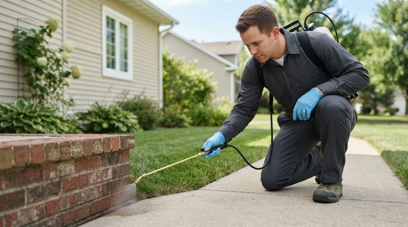 Pest control technician treating a home near Georgetown, IN