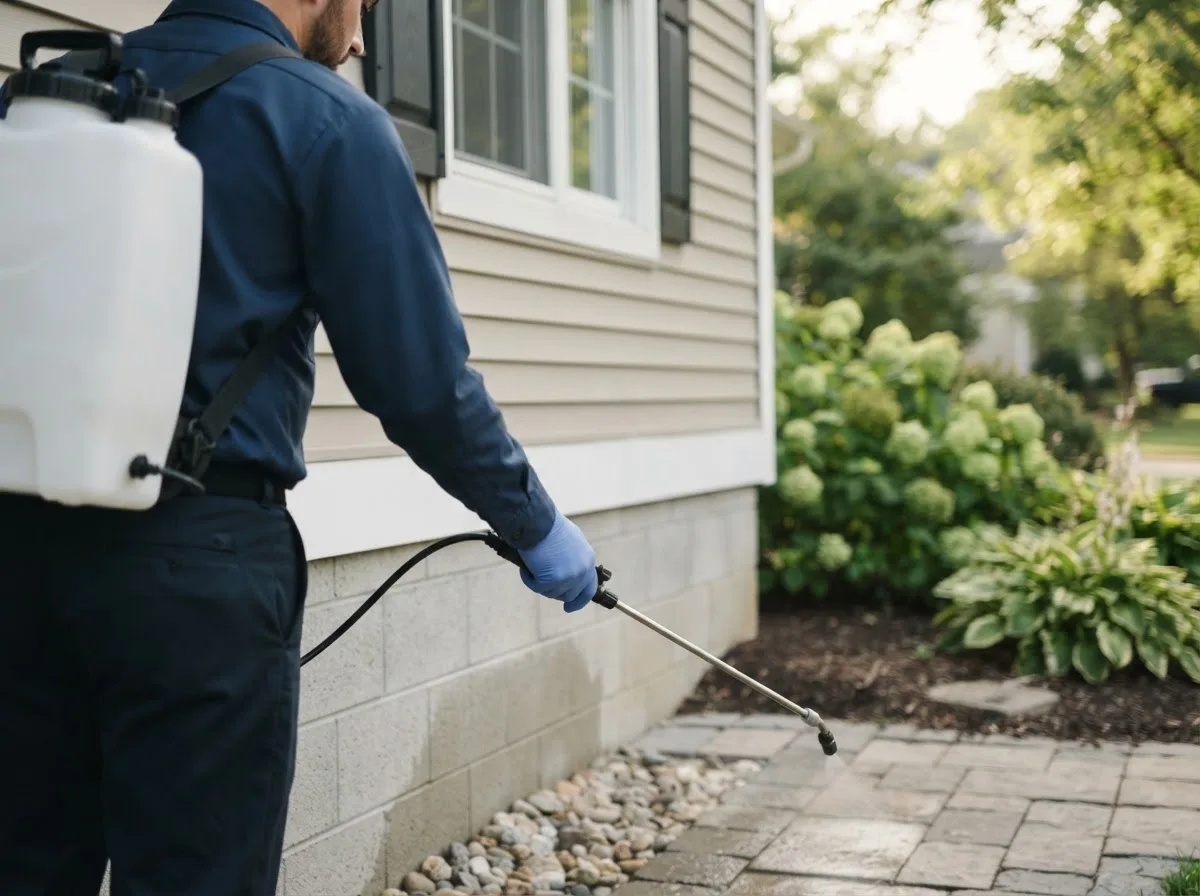 Pest control technician inspecting a home in Georgetown, IN